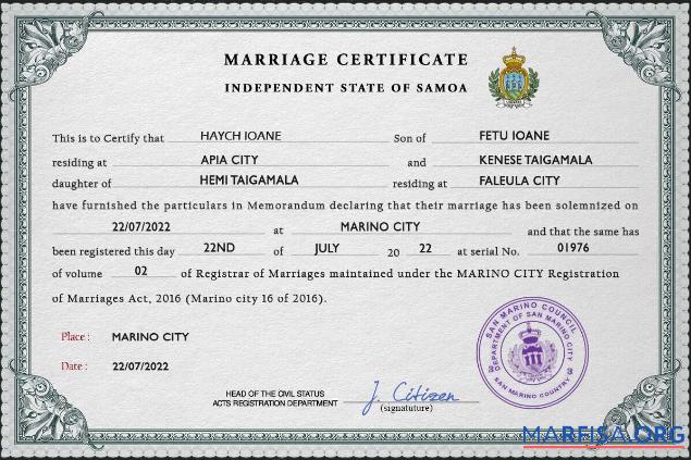 Realistic Samoa marriage certificate PSD template